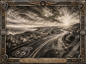 A sweeping charcoal highway curves through rugged hills toward a radiant horizon, evoking freedom, hope, and forward motion. Dramatic monochrome clouds, musical notes, sound-wave lines, and guitar imagery enrich the landscape. An ornate chrome-and-gold frame with picks, strings, highway emblems, and an engraved title plate completes the vintage rock-inspired composition.