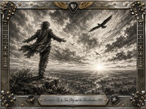 A windswept figure stands on a rocky cliff with arms open toward a vast sunrise, while birds glide across turbulent skies above a winding road. Deep charcoal textures, glowing highlights, and dramatic clouds create a hopeful, reflective mood. An ornate chrome-and-gold musical frame adds wings, stars, guitar strings, and engraved details.