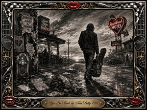 A lone traveler walks down a rain-slicked small-town road beneath a turbulent charcoal sky, leaving heartbreak behind. Deep black, gray, chrome, gold, and red accents create a gritty, bittersweet mood. Neon motel signs, scattered cards, wilted flowers, and a guitar case enrich the scene, framed by ornate rock-and-roll details.
