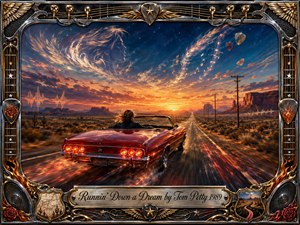 A red convertible races along a desert highway toward a blazing sunset, capturing freedom, determination, and restless optimism. Warm oranges and reds contrast with deep blue twilight, while surreal musical forms swirl overhead. Ornate chrome-and-gold framing, guitar details, roses, flames, speakers, and an engraved title plate complete the cinematic digital painting.