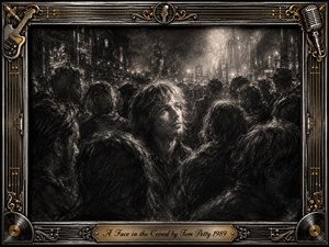 A lone, softly illuminated face emerges from a dense nighttime crowd, surrounded by shadowy figures and smoky city lights. Deep feathered charcoal textures create a wistful, introspective mood in rich blacks, grays, and pale highlights. An ornate chrome-and-gold music-themed frame, guitars, records, microphone details, and engraved title plate complete the composition.