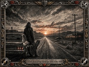 A lone traveler stands beside a weathered muscle car and guitar case, gazing down an endless highway toward a glowing sunset. Deep feathered charcoal textures create a rugged, reflective mood, warmed by muted amber light. Telephone poles, distant buildings, and desert terrain frame the journey, surrounded by ornate chrome, gold, and red accents.