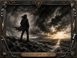 A lone figure stands defiantly on a windswept ridge, facing a storm-darkened landscape and a glowing road stretching toward distant light. Deep charcoal textures, sweeping clouds, and muted black, gray, and warm gold tones create a resolute mood. An ornate music-themed frame with guitar strings, picks, filigree, and microphone details completes the dramatic composition.