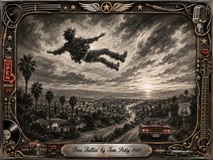 A lone figure drifts weightlessly above a sprawling California valley, framed by palms, winding highways, rooftops, and a red convertible at dusk. Deep feathered charcoal creates a wistful, dreamlike mood, while glowing horizon light, chrome and gold musical ornaments, Route 66 details, red lips, and the engraved title plate enrich the vintage Americana composition.