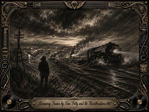 A solitary figure watches powerful trains race through a storm-darkened rail landscape, their glowing headlights cutting across sweeping tracks and smoky charcoal skies. Deep sepia, black, and muted gold create a brooding, restless mood. An ornate rock-inspired metallic frame surrounds the textured artwork, with records, cables, guitar details, and an engraved title plate.