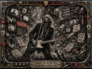 A lone guitarist sings into a microphone amid a chaotic nighttime city overwhelmed by televisions, speakers, signs, cables, and swirling debris. Deep charcoal textures, harsh white highlights, vivid red accents, and muted metallic gold create a restless, confrontational mood. An ornate rock-inspired frame surrounds the dense, energetic composition.