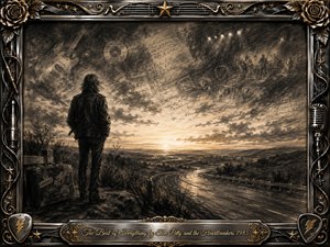 A lone traveler stands beside a winding highway at sunset, contemplating a vast charcoal-toned landscape filled with drifting musical memories. Warm gold light breaks through smoky clouds, revealing ghostly guitars, records, handwritten notes, and stage imagery. An ornate chrome-and-gold rock-inspired frame adds roses, stars, cables, picks, and an engraved title plate.