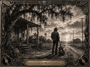 A lone musician stands beside a worn acoustic guitar on a quiet Southern road at dusk, framed by live oaks, Spanish moss, a weathered porch, and distant telephone poles. Deep charcoal textures, soft sepia undertones, dramatic clouds, and fading light create a reflective, nostalgic mood, surrounded by ornate music-inspired metalwork.