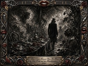 A solitary top-hatted figure walks away from a decaying twilight tea table into a misty, overgrown garden. Deep charcoal textures, smoky shadows, wilted crimson roses, ghostly faces, and dramatic moonlight create a haunted, surreal mood. An ornate chrome-and-gold musical frame with red lips and engraved title plate completes the theatrical composition.