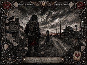 A lone rebel in a weathered leather jacket faces a stormy Southern road, while a distant figure waits near an old farmhouse and telephone poles. Deep charcoal textures, blackened skies, muted gray tones, and sharp red accents create a defiant, haunted mood, framed by ornate metalwork, roses, cables, music symbols, and an engraved title plate.