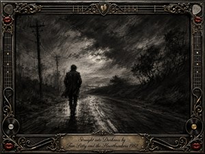 A solitary figure walks down a rain-darkened road beneath turbulent charcoal clouds, surrounded by leaning telephone poles, shadowy trees, and distant lights. Deep blacks, smoky grays, and silver highlights create a brooding, reflective mood. An ornate rock-inspired frame of gold filigree, guitar motifs, records, cables, and red lips surrounds the dramatic scene.