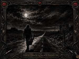 A lone traveler carrying a guitar case walks down a moonlit desert road into darkness beneath turbulent clouds. Deep charcoal textures and silvery highlights create a brooding, cinematic atmosphere. Telephone poles, rocky terrain, and a weathered sign recede toward the horizon, while an ornate black, gold, chrome, and red rock-inspired frame surrounds the scene.