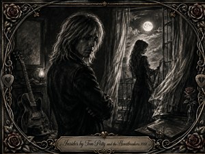 A brooding charcoal scene captures two distant figures in a moonlit room, surrounded by billowing curtains, a resting guitar, a lone rose, and shadowed furniture. Deep blacks, smoky grays, and muted metallic highlights create intimate melancholy. Ornate roses, guitar strings, and gold-trimmed filigree frame the dramatic, vintage rock composition.