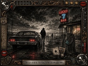 A lone figure stands beside a vintage car on a wet desert highway, watching another silhouette disappear toward the horizon. Deep feathered charcoal textures, stormy clouds, neon reds and blues, and warm bar light create a wistful, defiant mood. An ornate chrome-and-gold music-themed frame surrounds the cinematic scene.