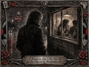 A solitary man stands on a rain-soaked street, watching a warmly lit diner window where a woman sits with another figure. Deep feathered charcoal textures create a brooding, bittersweet mood, accented by muted reds and golds. An ornate music-themed frame of roses, records, guitar details, and filigree completes the cinematic composition.