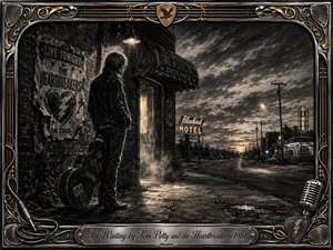 A lone musician waits outside a dim roadside venue, guitar case at his side, beneath a glowing lamp and brooding evening sky. Deep charcoal textures, smoky shadows, distant motel neon, and an empty highway create tense anticipation. An ornate chrome-and-gold musical frame and engraved title plate complete the nostalgic rock aesthetic.