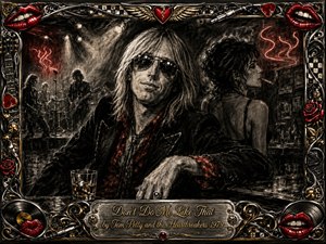 A cool, long-haired rocker in sunglasses leans at a smoky nightclub bar while a distant band performs and a woman turns away in quiet tension. Deep feathered charcoal textures dominate, accented by vivid red and metallic gold. Dramatic spotlights, glowing neon shapes, ornate rock-and-roll motifs, roses, records, lips, and an engraved frame intensify the defiant mood.