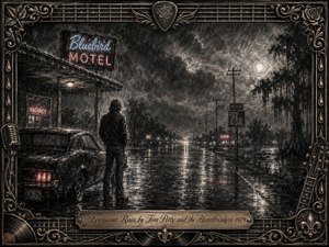 A lone traveler stands beside a dark vintage car outside a rain-soaked Louisiana motel, gazing down a reflective highway beneath storm clouds and power lines. Deep charcoal textures, silvery grays, faint red and blue neon, and misty moonlight create a melancholy Southern-noir mood, framed by ornate musical metalwork and engraved details.