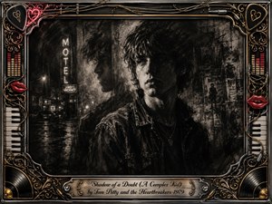A brooding young man stands half-lit in a rain-darkened city, his shadowy double lingering behind him near a glowing motel sign. Deep charcoal textures, smoky blacks, silvery highlights, and dramatic chiaroscuro create psychological tension. An ornate chrome-and-gold musical frame surrounds the portrait with red lips, piano keys, records, cables, and engraved title plate.