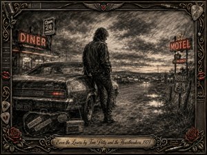 A lone figure stands beside a weathered vintage car on a rain-darkened highway at twilight, surrounded by glowing diner and motel signs. Deep feathered charcoal textures, smoky grays, muted reds, and warm amber highlights create a wistful, resilient mood, framed by ornate rock-and-roll motifs, roses, cables, and engraved metalwork.