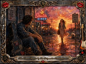 A weary young man waits beside a neon roadside diner as a smiling woman approaches through a glowing sunset, transforming the rain-slick street with warmth and hope. Rich oil-paint textures blend deep blues, amber, crimson, and gold, while musical notes, guitars, microphones, chrome filigree, red lips, and an engraved title frame the romantic scene.