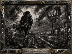 A lone, windblown figure strides along a rain-darkened roadside beneath a battered motel sign, conveying defiance, isolation, and endurance. Deep charcoal blacks, smoky grays, and silvery highlights create a stormy cinematic atmosphere. A chrome-and-gold rock-inspired frame of guitar strings, metal fittings, cables, and picks surrounds the dramatic scene.