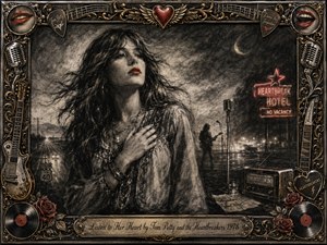 A windswept woman rests a hand over her heart beside a lonely nighttime highway, distant guitarist, vintage microphone, radio, and glowing motel sign. Deep feathered charcoal textures create a reflective, defiant mood, accented by vivid red lips, roses, and neon. An ornate gold-and-chrome musical frame completes the vintage rock composition.