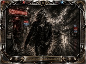 A windblown rocker strides through a stormy nighttime roadhouse scene, surrounded by wet pavement, neon signs, distant headlights, guitars, and stage equipment. Deep feathered charcoal textures create urgency and restless tension, accented by muted red and electric blue light. An ornate chrome-and-gold music-themed frame and engraved title plate complete the dramatic composition.