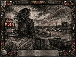 A windswept young woman stands above a glowing roadside town, gazing toward a highway and distant horizon with restless hope. Deep feathered charcoal creates a gritty, nostalgic mood, accented by red neon, taillights, and metallic highlights. An ornate chrome-and-gold music-themed frame surrounds the dramatic Americana scene.