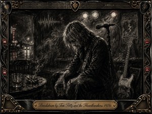 A solitary musician sits hunched in a smoky roadside club, surrounded by a microphone, electric guitar, whiskey glass, and rain-streaked night scenery. Deep feathered charcoal creates a brooding, vulnerable mood, illuminated by hazy stage lights. An ornate black-and-gold rock frame, red lips, strings, and engraved title plate complete the composition.