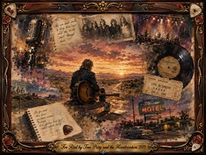 A solitary guitarist sits beside an open highway at sunset, surrounded by faded concert memories, handwritten notes, vintage photographs, a microphone, vinyl record, ticket, motel sign, and classic car. Warm amber, sepia, and smoky blue tones create a reflective, bittersweet mood within an ornate rosewood-and-gold musical frame.