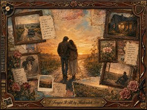 A tender couple walks together into a glowing country sunset, surrounded by vintage framed memories, handwritten notes, roses, and weathered photographs. Warm amber, sepia, rust, and muted blue tones create a reflective, forgiving mood. Painterly textures, soft light, and an ornate rosewood-and-gold musical frame deepen the nostalgic atmosphere.