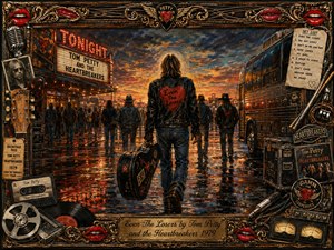 A lone long-haired figure carrying a guitar case walks toward a glowing concert venue at sunset, surrounded by bandmates, crowds, and a tour bus. Warm oranges, deep blues, and reflective pavement create a nostalgic rock atmosphere. Rich painterly textures, memorabilia, instruments, red lips, and ornate gold framing complete the dramatic composition.