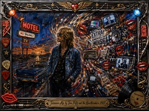 A lone denim-clad rocker stands beside a vintage highway at dusk as neon motel signs, televisions, radios, headlines, red lips, and sound waves swirl around him in chaotic media overload. Deep blues, fiery reds, chrome, and gold glow dramatically through textured oil-and-acrylic brushwork, framed by ornate rock-and-roll memorabilia.