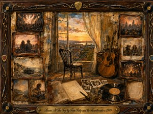 A nostalgic musicians room glows in warm amber sunset, overlooking a distant city through an open balcony. An acoustic guitar, vinyl record, handwritten journal, photographs, and whiskey glass suggest memories of love, touring, and solitude. Vintage framed scenes surround the composition, rendered in richly textured, impressionistic oil-paint style.