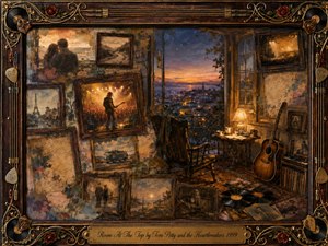 A warmly lit room overlooks a twilight city, surrounded by faded framed memories of romance, travel, and live performance. An acoustic guitar, vinyl records, and a solitary chair deepen the reflective mood. Rich amber, blue, and rose tones blend through painterly textures, enclosed by an ornate musical frame and engraved title plate.