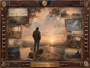 A solitary traveler stands beside a winding road at sunrise, surrounded by faded framed memories of highways, porches, landscapes, handwritten notes, and music. Warm amber, dusty rose, muted blue, and weathered brown tones create a reflective, hopeful mood. Painterly mixed-media textures blend gently within an ornate music-inspired wooden frame.