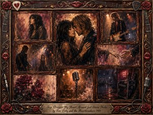 A richly textured vintage-rock collage portrays romantic tension between two lovers amid stage lights, roses, guitars, microphones, and backstage memories. Deep burgundy, bronze, amber, and charcoal tones glow beneath warm theatrical lighting. Layered oil-and-watercolor textures, distressed frames, red lips, strings, and ornate metalwork create a passionate, bittersweet atmosphere.
