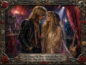 A passionate rock couple stands close in a shadowy backstage lounge, surrounded by microphones, guitars, velvet curtains, roses, and vintage bar details. Deep crimson, black, gold, and amber tones glow beneath dramatic spotlights. Rich painterly textures heighten the romantic tension, while an ornate metallic frame and engraved title plate complete the nostalgic composition.