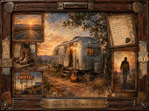 A weathered silver trailer rests beside a dusty roadside at sunset, surrounded by framed memories of highways, cowboy boots, motel signs, handwritten notes, and a lone guitarist. Warm amber, sepia, rust, and muted blue tones create a wistful Americana mood, rendered in richly textured mixed-media paint within a handcrafted musical frame.