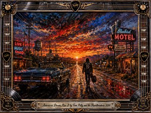 A lone traveler carrying a guitar case walks down a rain-slicked highway toward a blazing sunset, passing a vintage convertible, neon motel signs, and weathered roadside buildings. Rich reds, oranges, blues, and blacks create a defiant, nostalgic mood, framed by ornate chrome, gold, guitar strings, records, and rock-and-roll details.