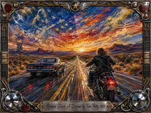 A lone motorcyclist races beside a classic muscle car along a glowing desert highway beneath a fiery sunset. Rich blues, oranges, reds, and golds create an energetic, hopeful mood, while expressive oil-paint textures suggest speed and freedom. An ornate chrome-and-gold musical frame surrounds the scene, with a polished engraved title plate below.
