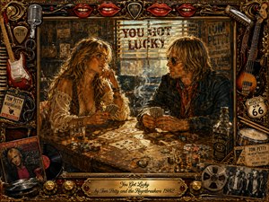 A warm, painterly scene shows a man and woman locked in a smoky card game at a worn table, suggesting risk, attraction, and hard-won fortune. Amber light filters through blinds, enriching the gold, rust, and sepia palette. An ornate rock-and-roll frame brims with guitars, tickets, vinyl, and vintage music memorabilia.