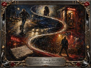 A restless night unfolds in a richly textured rock-inspired painting, where a lone man runs along a wet highway beneath glowing headlights, neon signs, and a telephone booth. An S-shaped ribbon of light links distant memories, a silhouetted woman, and a fiery concert stage, framed by ornate chrome, gold, and musical details.