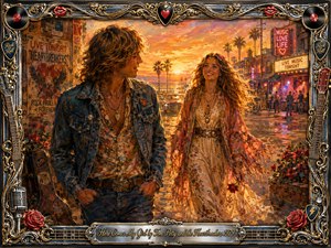 A romantic couple strolls through a glowing sunset music district, surrounded by palm trees, neon signs, roses, and vintage rock imagery. Warm amber, crimson, and gold lighting creates an affectionate, nostalgic mood. Rich painterly textures blend realism with expressive brushwork, framed by ornate chrome, guitars, records, and decorative musical details.