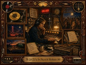 A solitary late-night DJ sits at a vintage mixing console in a warmly lit radio studio, surrounded by records, reel-to-reel tapes, microphones, handwritten playlists, and nostalgic framed scenes. Deep browns, amber gold, muted reds, and midnight blues create a reflective, defiant mood in richly detailed painterly realism.