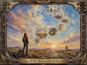 A lone traveler stands beside a guitar case on an open desert highway beneath a vast luminous sky, contemplating freedom and possibility. Feathered memory bubbles curve upward in an S-shape, revealing roads, guitars, landscapes, and handwritten pages. Warm gold, blue, and lavender tones glow within richly textured painterly brushwork and an ornate musical frame.