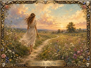 A barefoot woman in a flowing cream dress walks through a radiant wildflower meadow toward a golden sunset. Rolling fields, distant farmhouses, birds, and a winding path create a peaceful, nostalgic mood. Soft watercolor and oil-like textures blend warm gold, pink, blue, and green, framed with ornate floral and guitar-inspired details.
