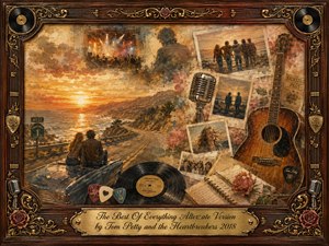 A nostalgic mixed-media collage unfolds beside a glowing coastal highway at sunset, where a couple rests on a vintage convertible overlooking the sea. Warm amber, sepia, rose, and weathered brown tones surround faded photographs, an acoustic guitar, microphone, vinyl records, handwritten notes, and roses, all enclosed within an ornate rosewood-and-gold musical frame.