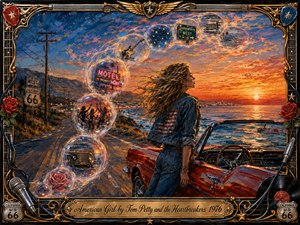 A windswept young woman stands beside a red convertible on a coastal highway at sunset, gazing toward the glowing horizon. Rich orange, blue, and crimson acrylic textures create a hopeful, nostalgic mood. Floating memory bubbles curve through the scene, while ornate chrome, gold, roses, music symbols, and Route 66 details frame the artwork.